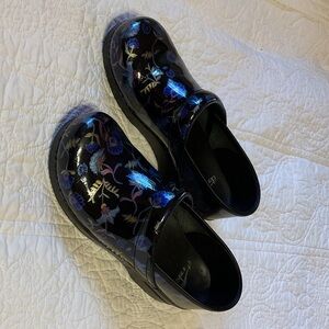 Dansko Black and Blue Patterned Clogs